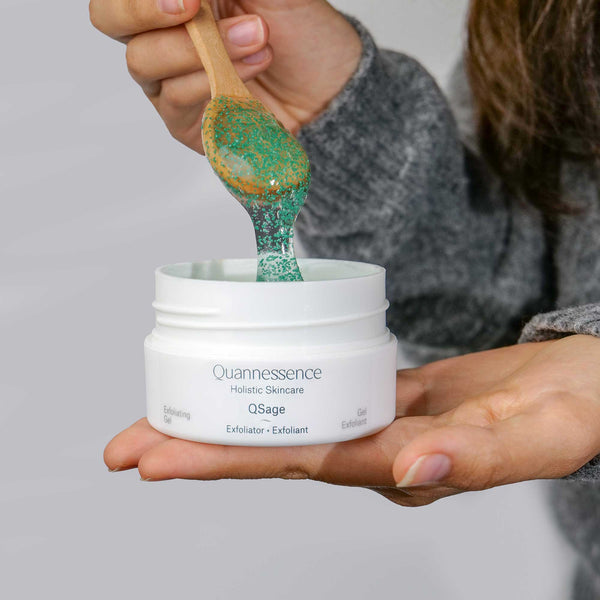 Quannessence Skincare, professional skincare, Holistic Beauty, Made in Canada, Naturally Sourced, Active ingredients, women-owned, Face, Exfoliant, Gel, QSage, Sage Peel Gel, white container