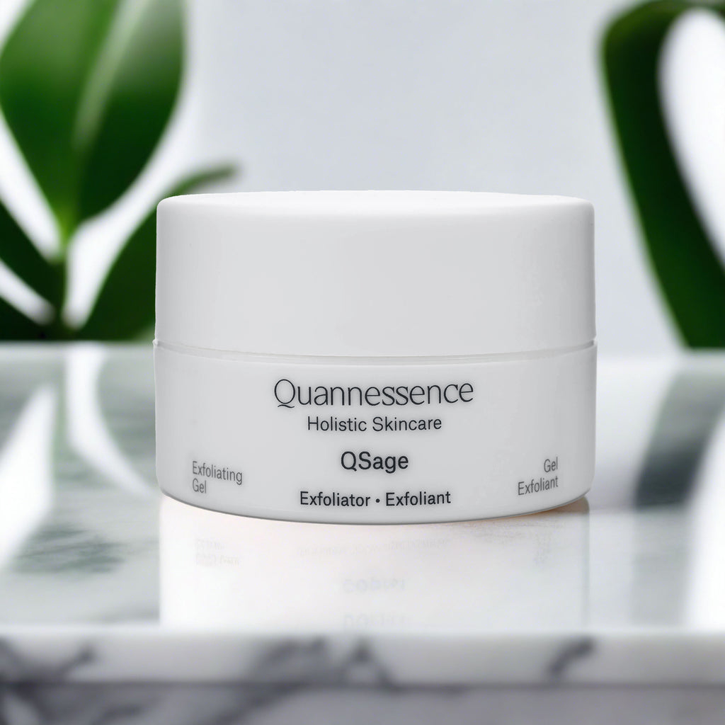 Quannessence Skincare, professional skincare, Holistic Beauty, Made in Canada, Naturally Sourced, Active ingredients, women-owned, Face, Exfoliant, Gel, QSage, Sage Peel Gel, white container