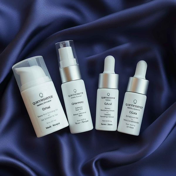 Set of Quannessence skincare products on a textured silky fabric background. Quannessence Skincare, professional skincare, Holistic Beauty, Made in Canada, Naturally Sourced, Active ingredients, women-owned, Face, toner, Serum, Oil, QBeauty Sleep, 4-piece kit, white branded cotton travel pouch