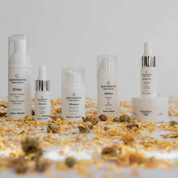 Quannessence Skincare, professional skincare, Holistic Beauty, Made in Canada, Naturally Sourced, Active ingredients, women-owned, Face, cleanser, exfoliator, ointment, Serum, lotion, QBlemish, COMPROMISED SKIN KIT, 6-piece kit, white containers