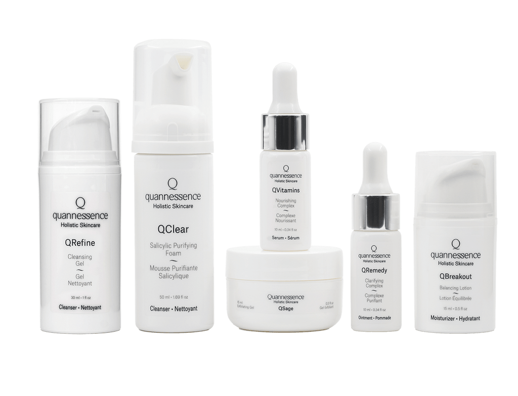 Quannessence Skincare, professional skincare, Holistic Beauty, Made in Canada, Naturally Sourced, Active ingredients, women-owned, Face, cleanser, exfoliator, ointment, Serum, lotion, QBlemish, COMPROMISED SKIN KIT, 6-piece kit, white containers