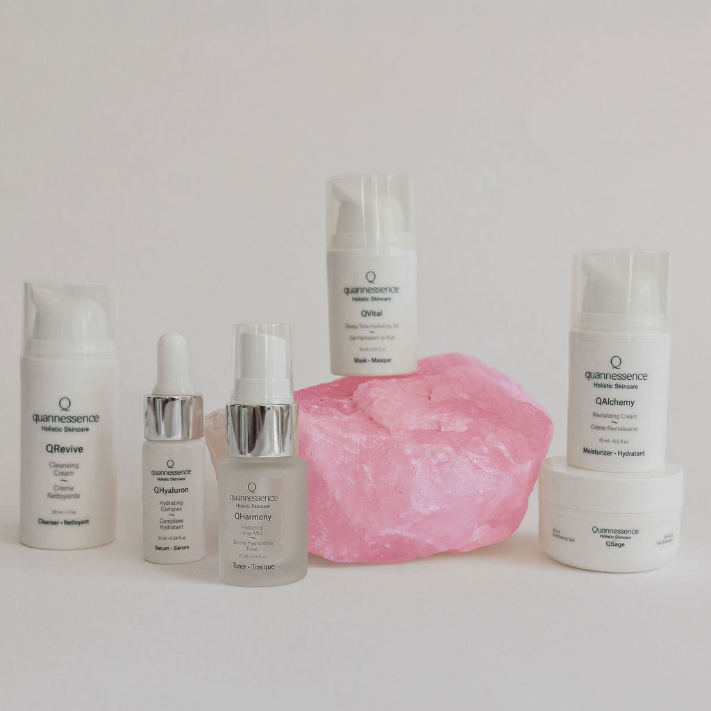 Quannessence Skincare, professional skincare, Holistic Beauty, Made in Canada, Naturally Sourced, Active ingredients, women-owned, Face, cleanser, exfoliator, toner, Serum, lotion, QSpa, Skin Renewal Kit, 6-piece kit, white containers