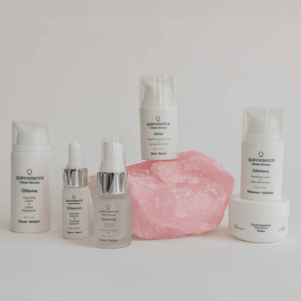 Quannessence Skincare, professional skincare, Holistic Beauty, Made in Canada, Naturally Sourced, Active ingredients, women-owned, Face, cleanser, exfoliator, toner, Serum, lotion, QSpa, Skin Renewal Kit, 6-piece kit, white containers