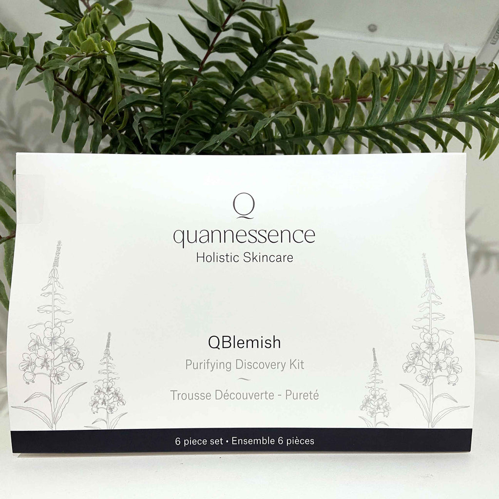 Quannessence Skincare, professional skincare, Holistic Beauty, Made in Canada, Naturally Sourced, Active ingredients, women-owned, Face, cleanser, exfoliator, ointment, Serum, lotion, QBlemish, COMPROMISED SKIN KIT, 6-piece kit, white containers