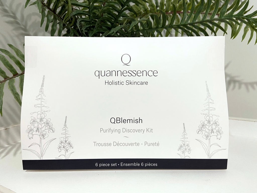 Quannessence Skincare, professional skincare, Holistic Beauty, Made in Canada, Naturally Sourced, Active ingredients, women-owned, Face, cleanser, exfoliator, ointment, Serum, lotion, QBlemish, COMPROMISED SKIN KIT, 6-piece kit, white containers