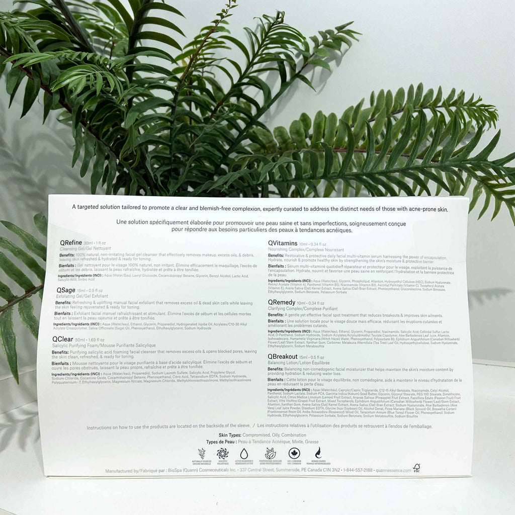 Quannessence Skincare, professional skincare, Holistic Beauty, Made in Canada, Naturally Sourced, Active ingredients, women-owned, Face, cleanser, exfoliator, ointment, Serum, lotion, QBlemish, COMPROMISED SKIN KIT, 6-piece kit, white containers