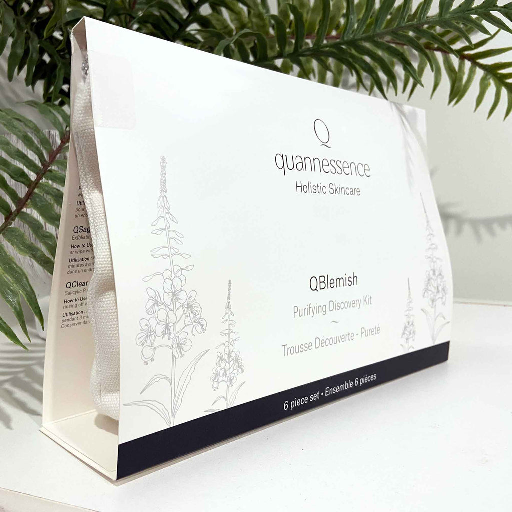 Quannessence Skincare, professional skincare, Holistic Beauty, Made in Canada, Naturally Sourced, Active ingredients, women-owned, Face, cleanser, exfoliator, ointment, Serum, lotion, QBlemish, COMPROMISED SKIN KIT, 6-piece kit, white containers