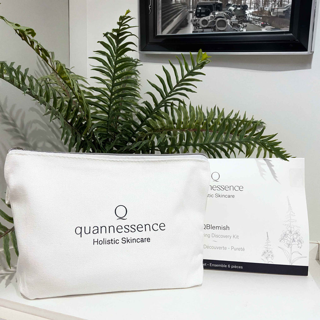 Quannessence Skincare, professional skincare, Holistic Beauty, Made in Canada, Naturally Sourced, Active ingredients, women-owned, Face, cleanser, exfoliator, ointment, Serum, lotion, QBlemish, COMPROMISED SKIN KIT, 6-piece kit, white containers