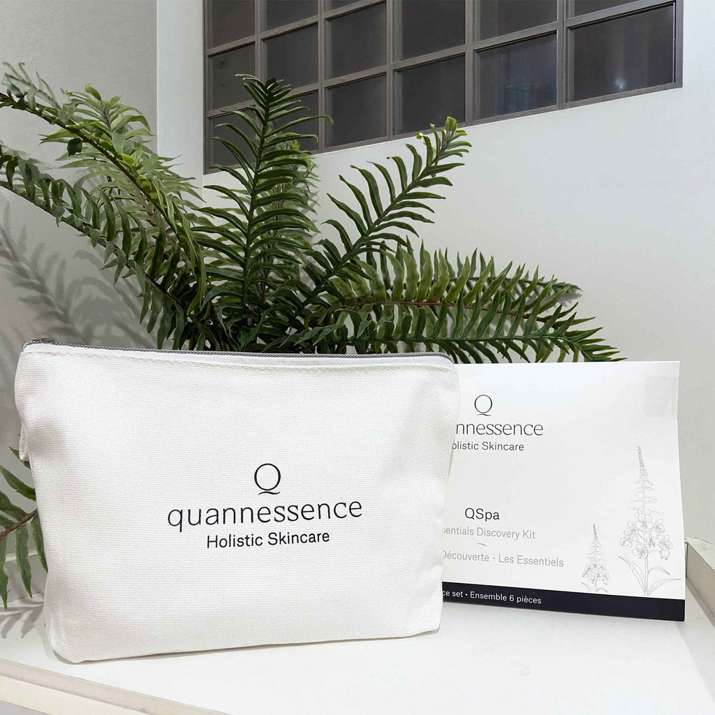 Quannessence Skincare, professional skincare, Holistic Beauty, Made in Canada, Naturally Sourced, Active ingredients, women-owned, Face, cleanser, exfoliator, toner, Serum, lotion, QSpa, Skin Renewal Kit, 6-piece kit, white containers