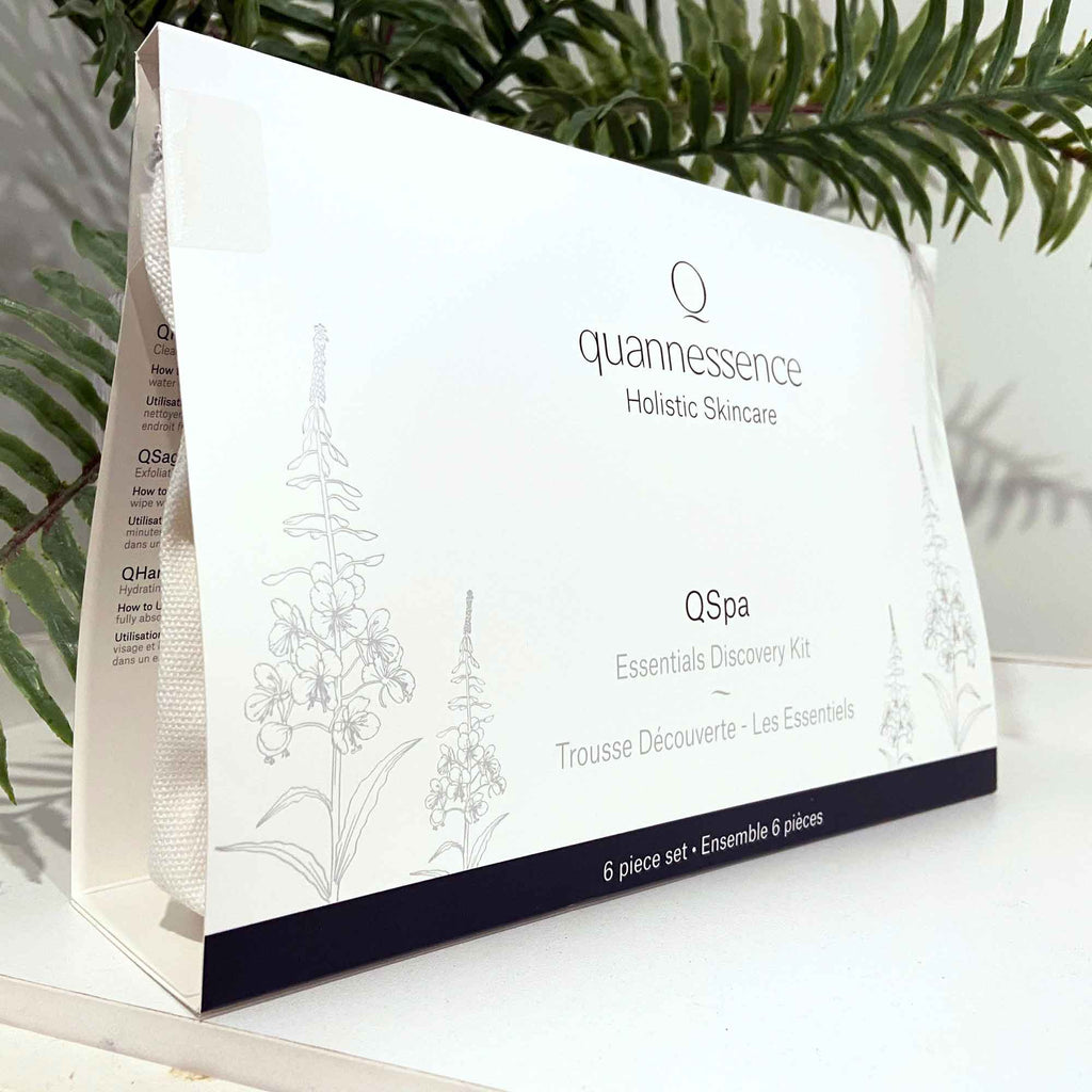 Quannessence Skincare, professional skincare, Holistic Beauty, Made in Canada, Naturally Sourced, Active ingredients, women-owned, Face, cleanser, exfoliator, toner, Serum, lotion, QSpa, Skin Renewal Kit, 6-piece kit, white containers