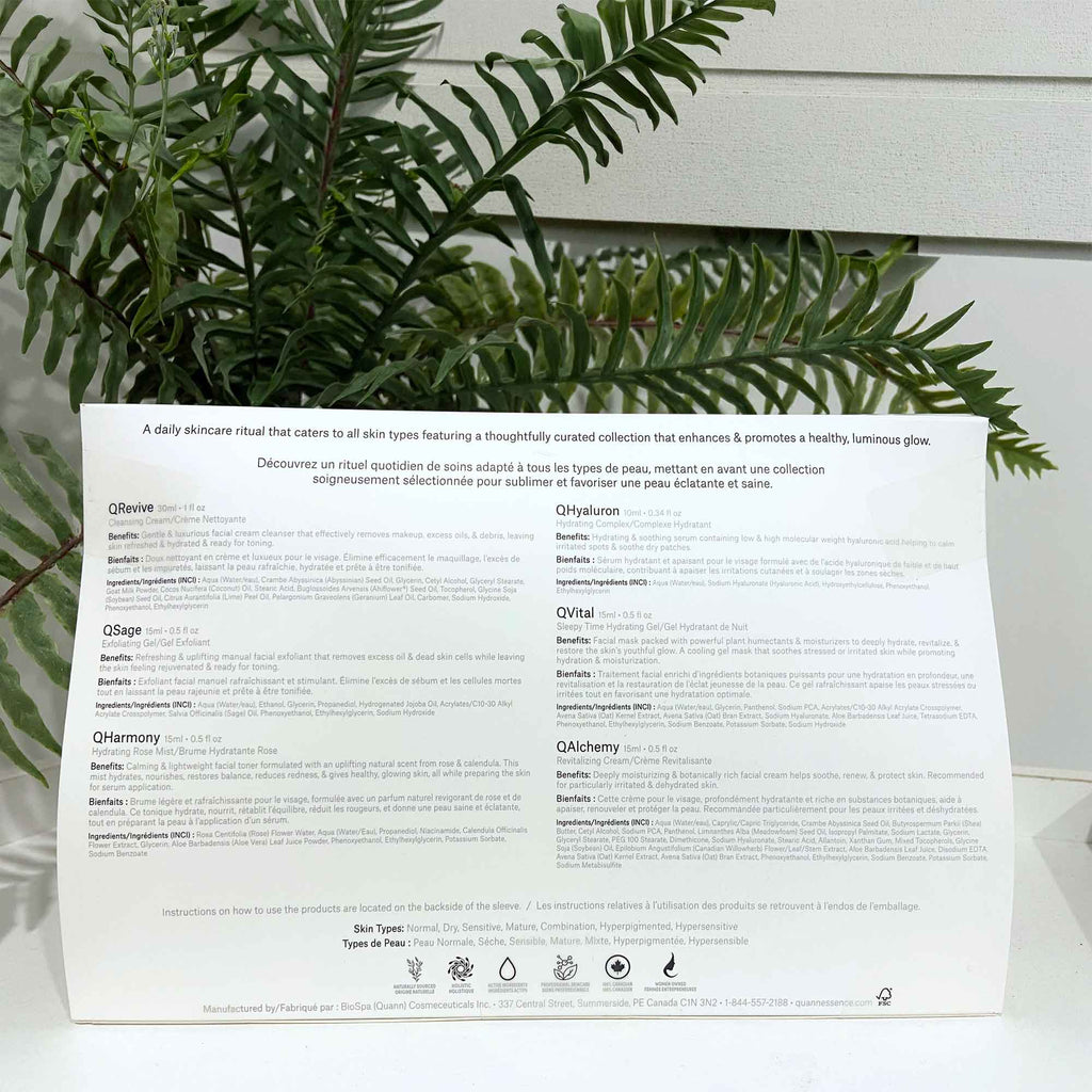 Quannessence Skincare, professional skincare, Holistic Beauty, Made in Canada, Naturally Sourced, Active ingredients, women-owned, Face, cleanser, exfoliator, toner, Serum, lotion, QSpa, Skin Renewal Kit, 6-piece kit, white containers