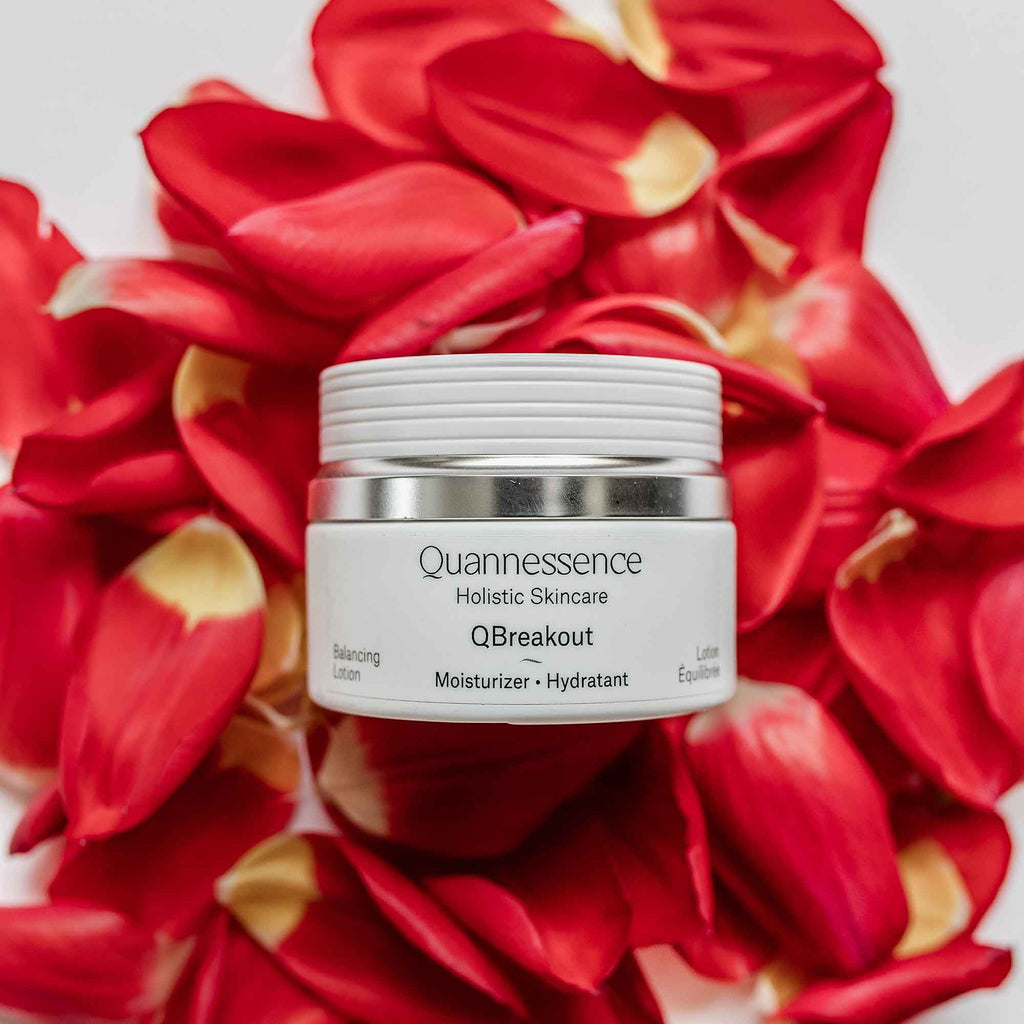 Quannessence Skincare, professional skincare, Holistic Beauty, Made in Canada, Naturally Sourced, Active ingredients, women-owned, Face, Moisturizer, Lotion, Cream, QBreakout, BREAKOUT FX FACE LOTION, white jar, on counter