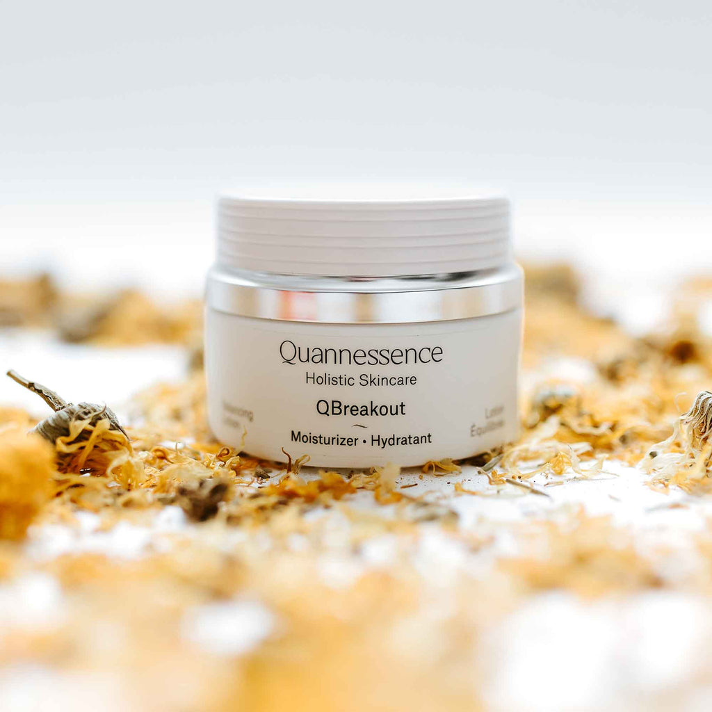 Quannessence Skincare, professional skincare, Holistic Beauty, Made in Canada, Naturally Sourced, Active ingredients, women-owned, Face, Moisturizer, Lotion, Cream, QBreakout, BREAKOUT FX FACE LOTION, white jar, on counter