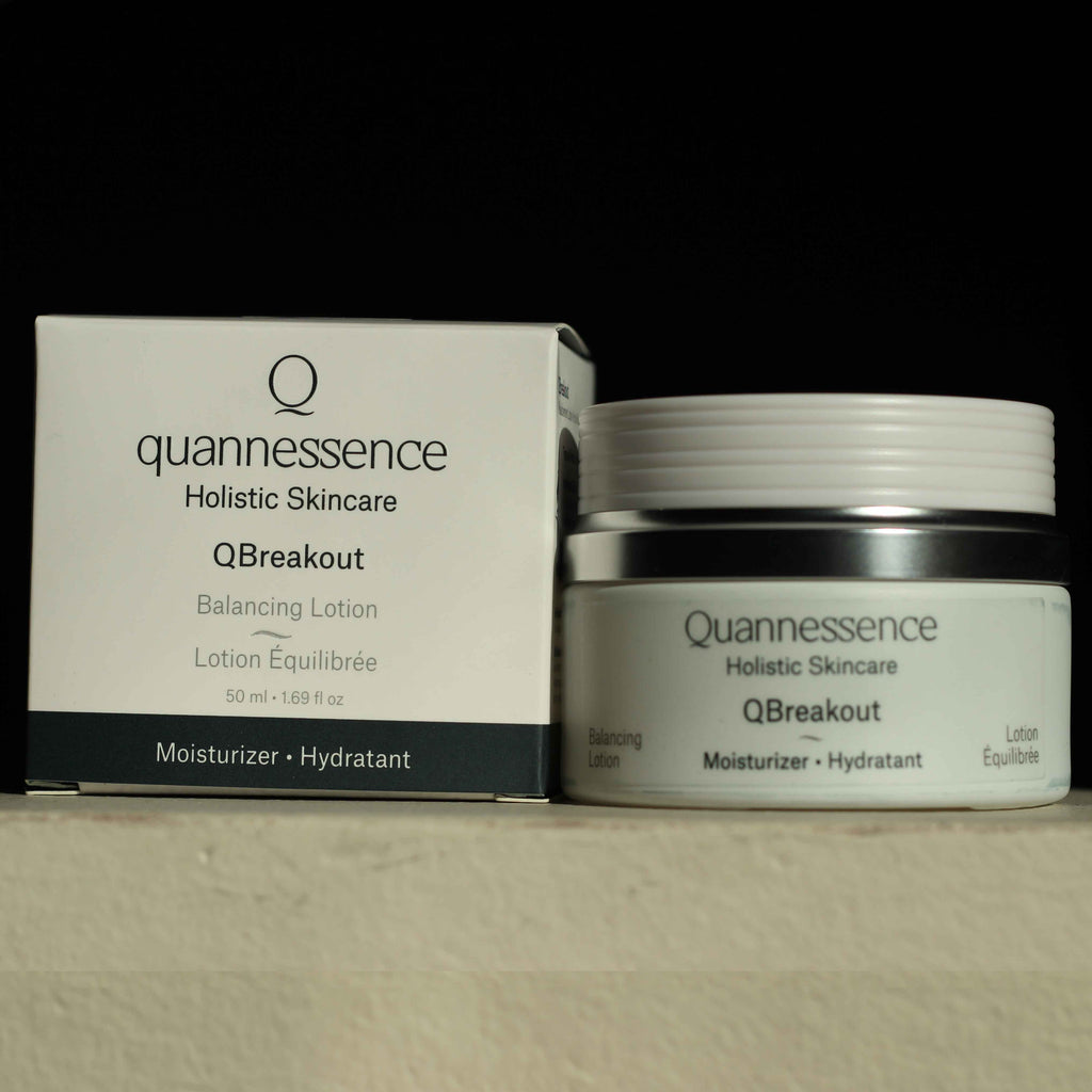 Quannessence Skincare, professional skincare, Holistic Beauty, Made in Canada, Naturally Sourced, Active ingredients, women-owned, Face, Moisturizer, Lotion, Cream, QBreakout, BREAKOUT FX FACE LOTION, white jar, on counter