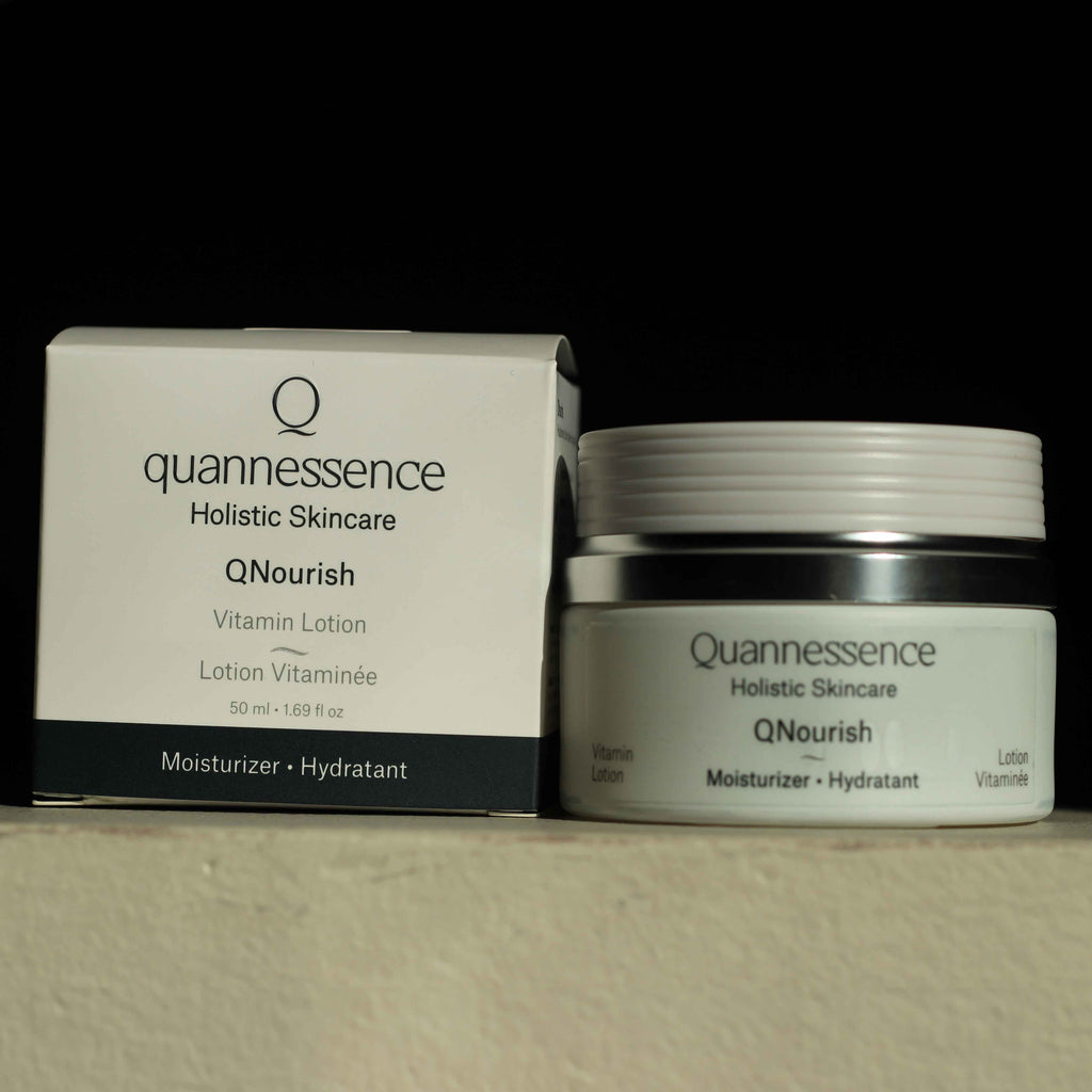 Quannessence Skincare, professional skincare, Holistic Beauty, Made in Canada, Naturally Sourced, Active ingredients, women-owned, Face, Moisturizer, Lotion, Cream, QNourish, uniQue encapsulated Vitamin Lotion, white jar
