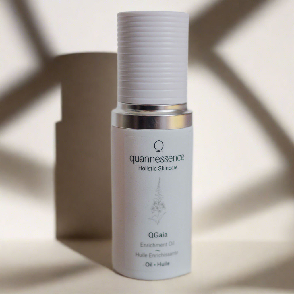 Quannessence Skincare, professional skincare, Holistic Beauty, Made in Canada, Naturally Sourced, Active ingredients, women-owned, Face, Oil, All Natural, QGaia, Gaia Facial Enrichment Oil, white glass packaging with white lid & pump