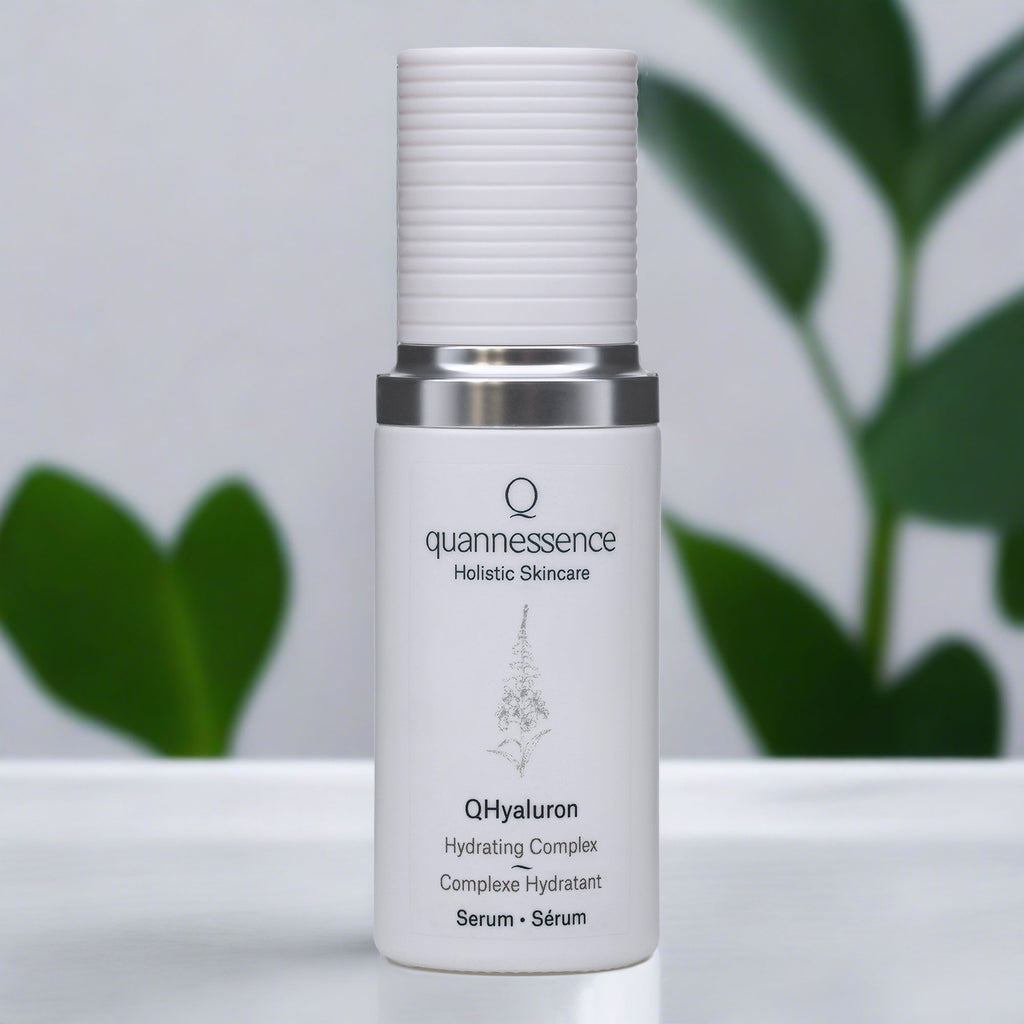 Quannessence Skincare, professional skincare, Holistic Beauty, Made in Canada, Naturally Sourced, Active ingredients, women-owned, Face, Serum, QHYaluron, Hyaluronic (PUR) Hydrating Serum, white glass packaging with white lid & pump