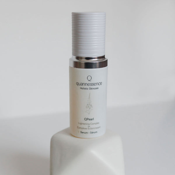 Quannessence Skincare, professional skincare, Holistic Beauty, Made in Canada, Naturally Sourced, Active ingredients, women-owned, Face, Serum, QPearl, Pearlessence Brightening Gel, white glass packaging with white lid & pump