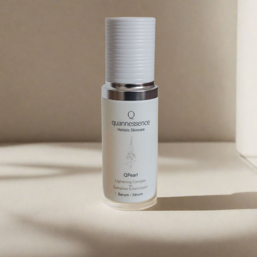 Quannessence Skincare, professional skincare, Holistic Beauty, Made in Canada, Naturally Sourced, Active ingredients, women-owned, Face, Serum, QPearl, Pearlessence Brightening Gel, white glass packaging with white lid & pump