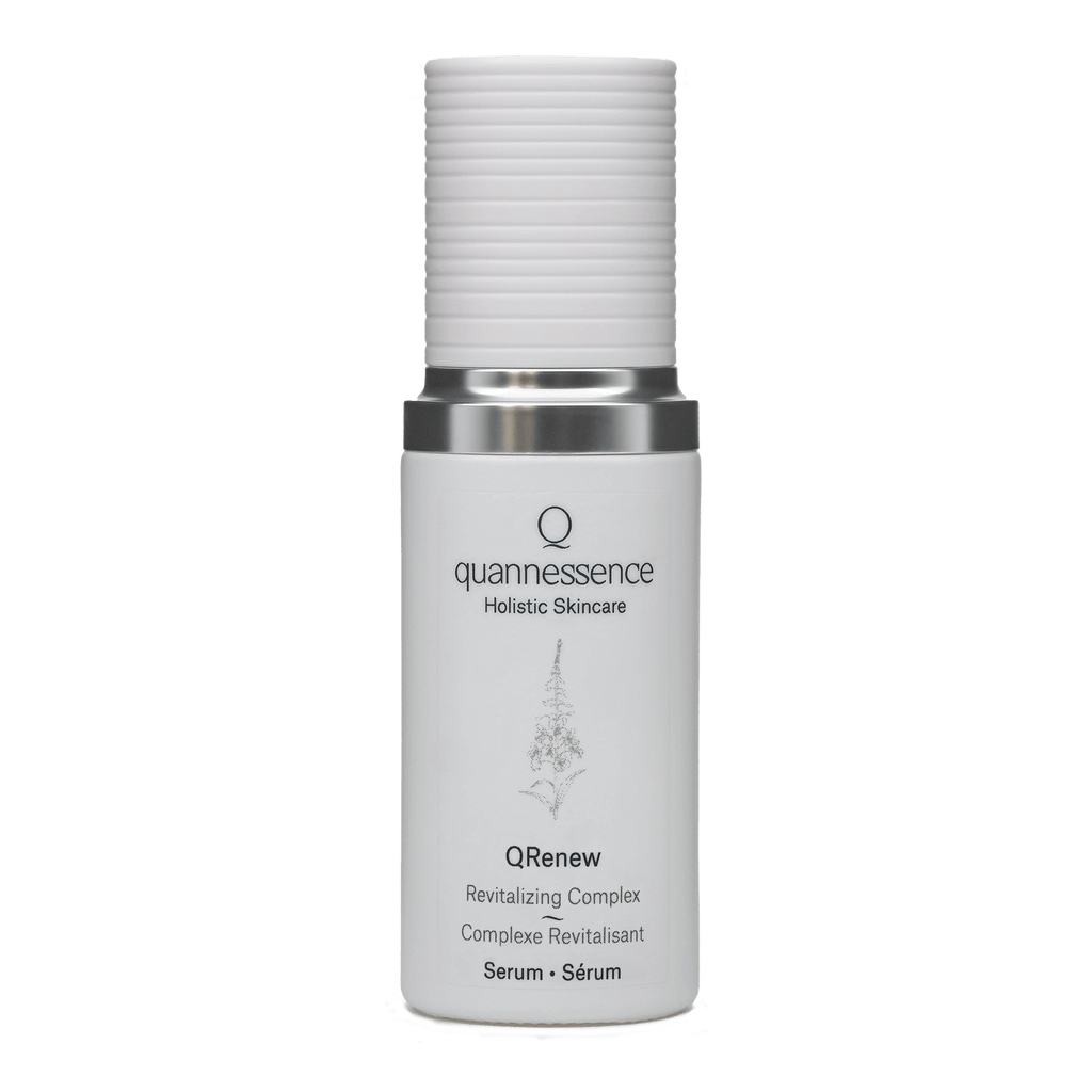 Quannessence Skincare, professional skincare, Holistic Beauty, Made in Canada, Naturally Sourced, Active ingredients, women-owned, Face, Serum, QRenew, Renewal Skincare Complex, white glass packaging with white lid & pump