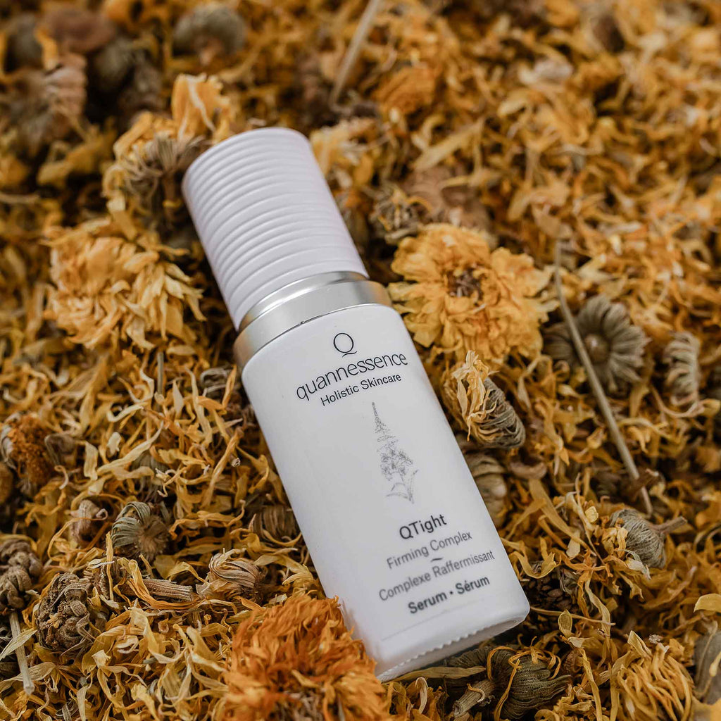 Quannessence Skincare, professional skincare, Holistic Beauty, Made in Canada, Naturally Sourced, Active ingredients, women-owned, Face, Serum, QTight, Q Tightening Serum, white glass packaging with white lid & pump