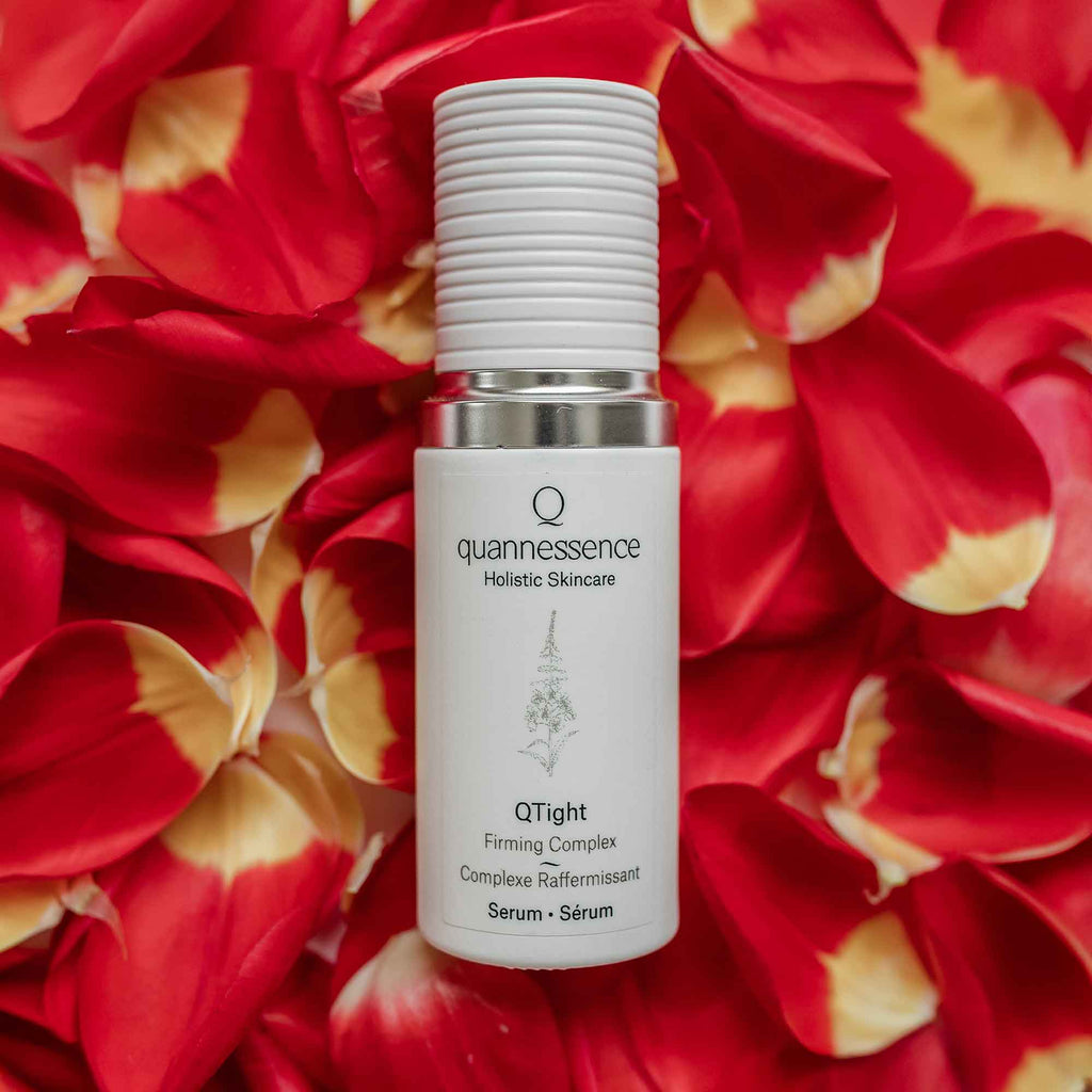 Quannessence Skincare, professional skincare, Holistic Beauty, Made in Canada, Naturally Sourced, Active ingredients, women-owned, Face, Serum, QTight, Q Tightening Serum, white glass packaging with white lid & pump