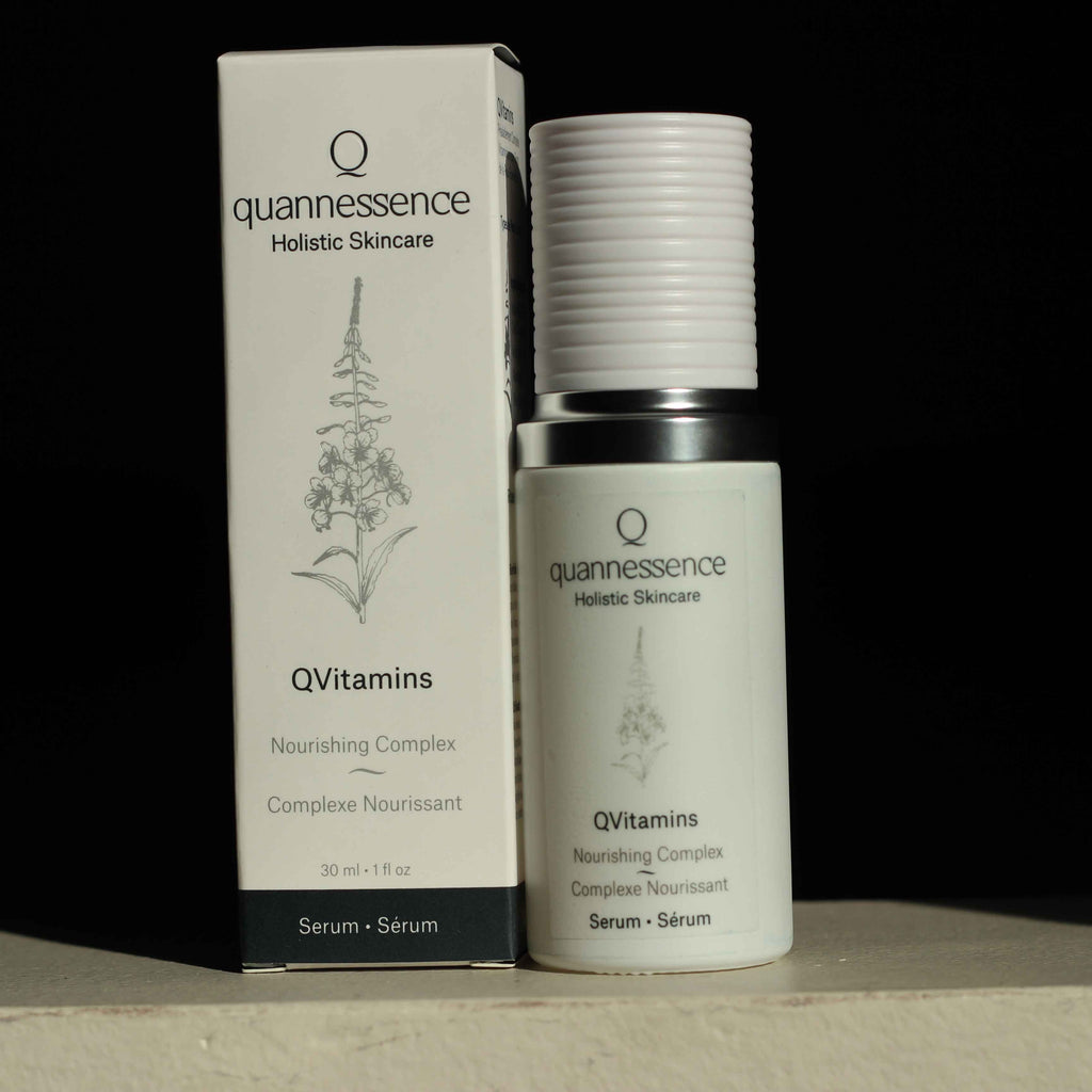 Quannessence Skincare, professional skincare, Holistic Beauty, Made in Canada, Naturally Sourced, Active ingredients, women-owned, Face, Serum, QVitamins, Essential Skincare Vitamin Complex, white glass packaging with white lid & pump