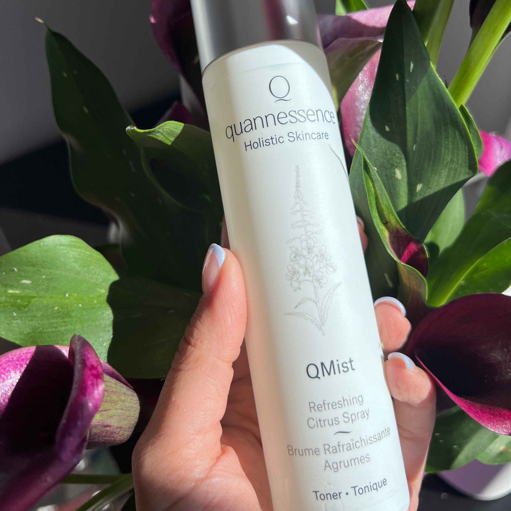 Quannessence Skincare, professional skincare, Holistic Beauty, Made in Canada, Naturally Sourced, Active ingredients, women-owned, Face, Toner, Mist, QMist, Moisture Mist Toner, white bottle with a mister spray