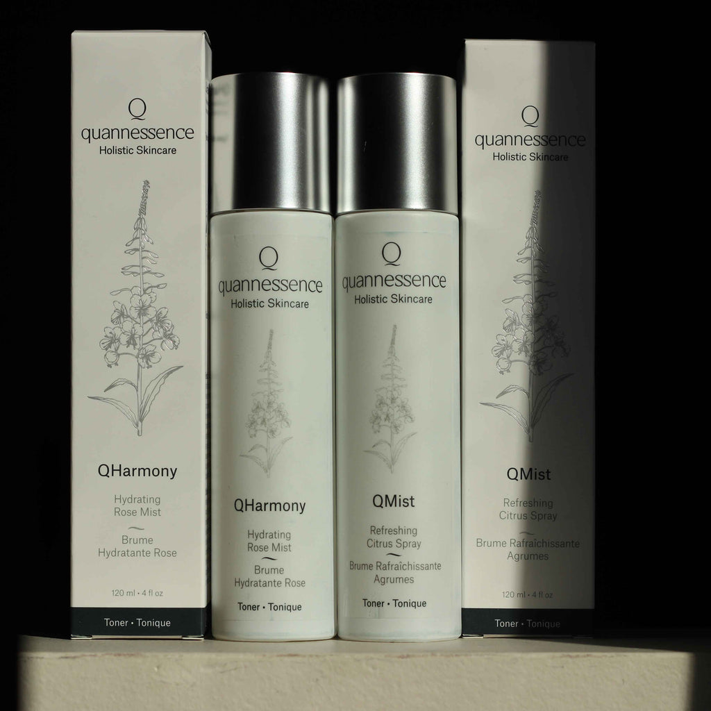 Quannessence Skincare, professional skincare, Holistic Beauty, Made in Canada, Naturally Sourced, Active ingredients, women-owned, Face, Toner, Mist, QMist, Moisture Mist Toner, white bottle with a mister spray, qharmony
