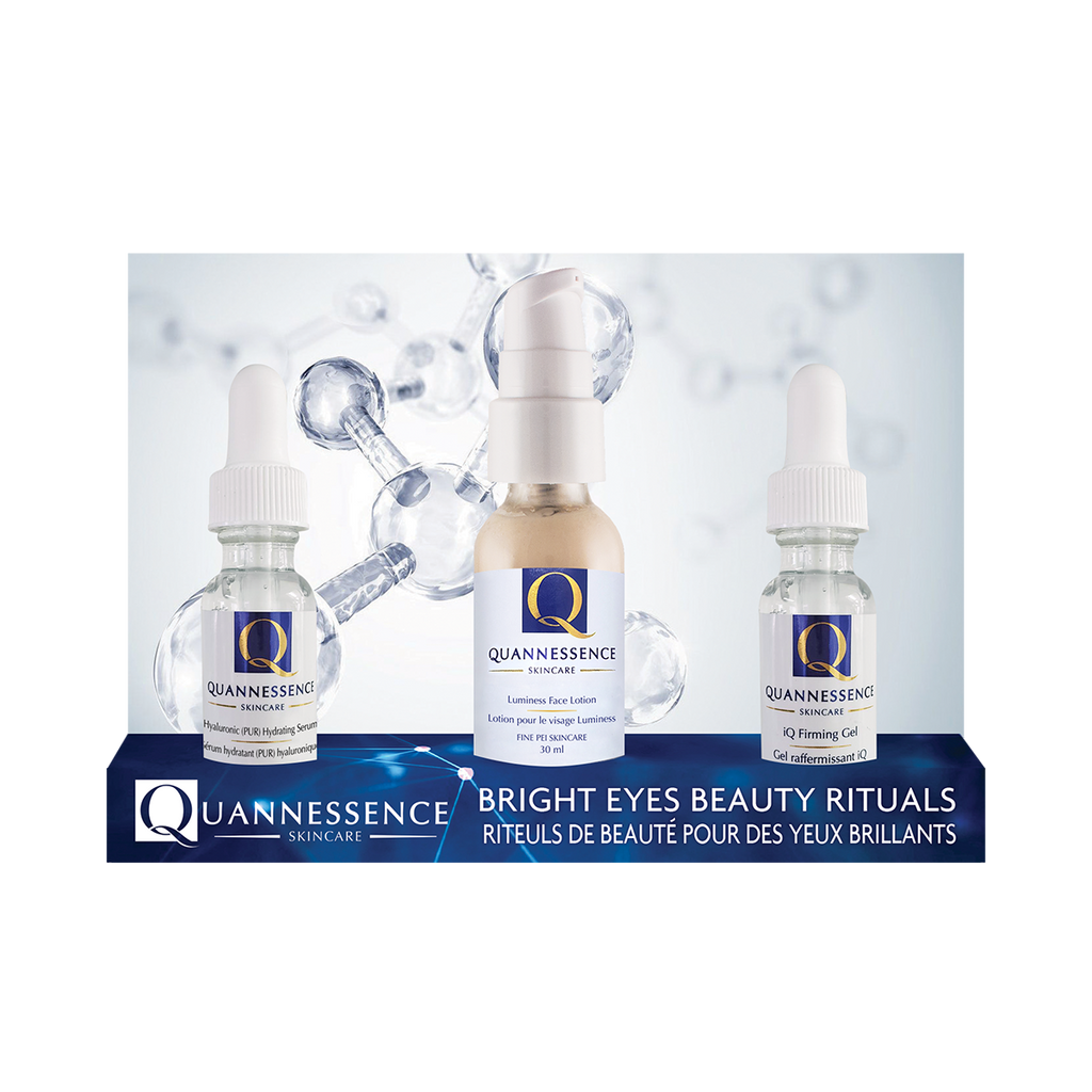 Quannessence, natural beauty, made in Canada, skincare, holistic approach, anti-aging, advanced serum, lotion, moisturizer, Face, bright eyes beauty ritual kit, 2 serums, IQ firming, Hyaluronic Acid, Luminess face lotion