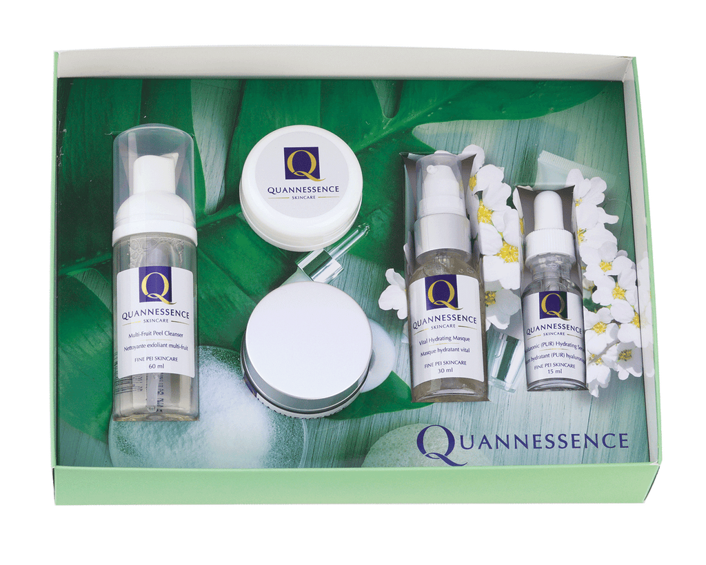 Quannessence, natural beauty, made in Canada, skincare, holistic approach, anti-aging, advanced serum, lotion, moisturizer, Face, masque, exfoliant, Facial Spa in a box, 5 products in a box, Multi-Fruit Peel Cleanser, Alchemist Revitalizing Cream, Sage Peel Gel, Vital Hydrating Masque, Hyaluronic (Pur) Hydrating Serum