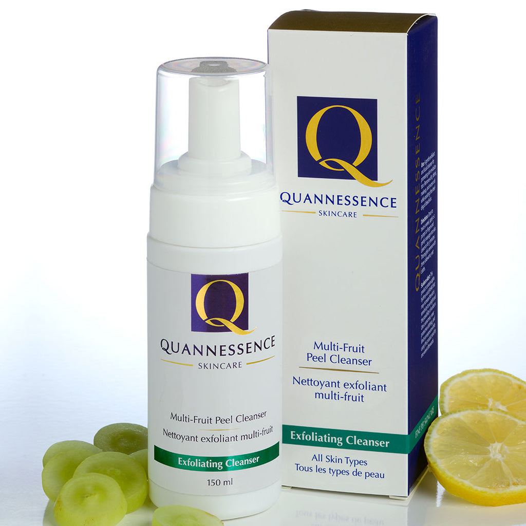 Multi-Fruit Peel Cleanser, Quannessence, Natural Beauty, Made in Canada, Skincare, Holistic Beauty, Face, Cleanser, Foam, white bottle with pump 