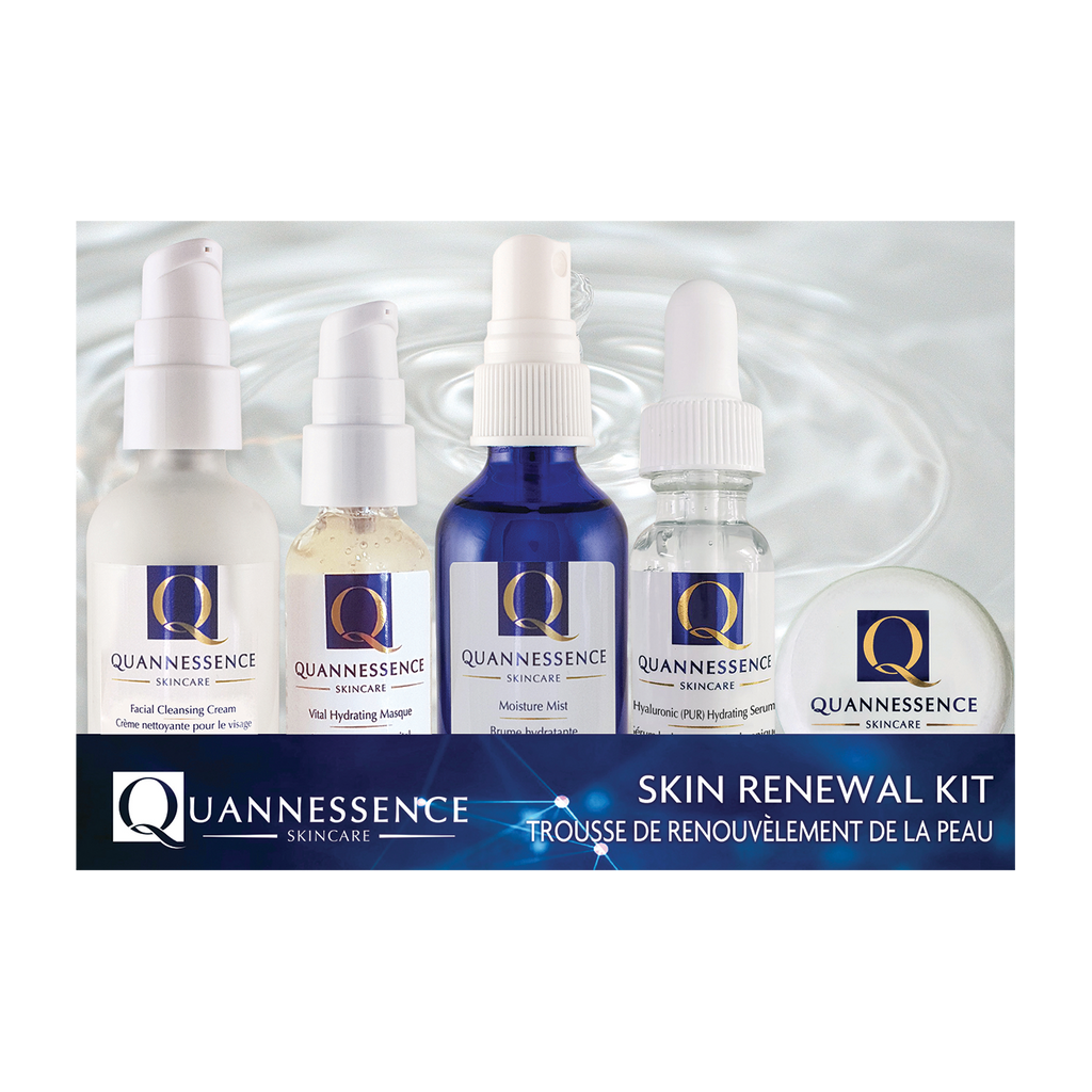 Quannessence, natural beauty, made in Canada, skincare, holistic approach, anti-aging, advanced serum, lotion, moisturizer, Face, masque, toner, Skin renewal kit, 5 products in a kit, Facial Cleansing Cream, Alchemist Revitalizing Cream, Moisture Mist, Vital Hydrating Masque, Hyaluronic (Pur) Hydrating Serum